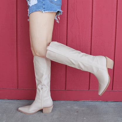 Western Cowgirl Boots - Elevated Knee-High Fashion Boots with Pointed Toe, Chunky Heel, and Solid Color - Womens Cowboy Boots for Country Chic Style