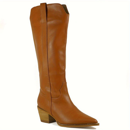 Western Cowgirl Boots - Elevated Knee-High Fashion Boots with Pointed Toe, Chunky Heel, and Solid Color - Womens Cowboy Boots for Country Chic Style