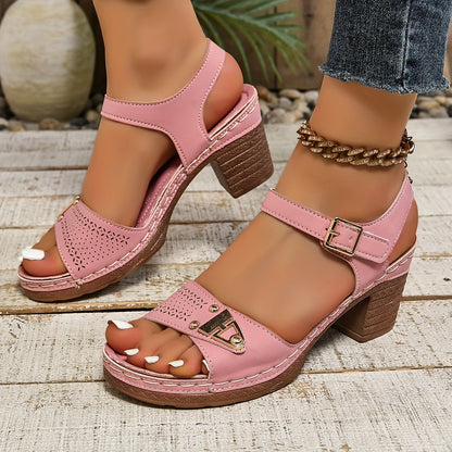 Stylish Womens Chunky Platform Heel Sandals - Buckle Closure, Open Toe, Faux Leather Upper, Polyurethane Sole, Solid Color, All-Match Summer Going Out Shoes for Casual Occasions