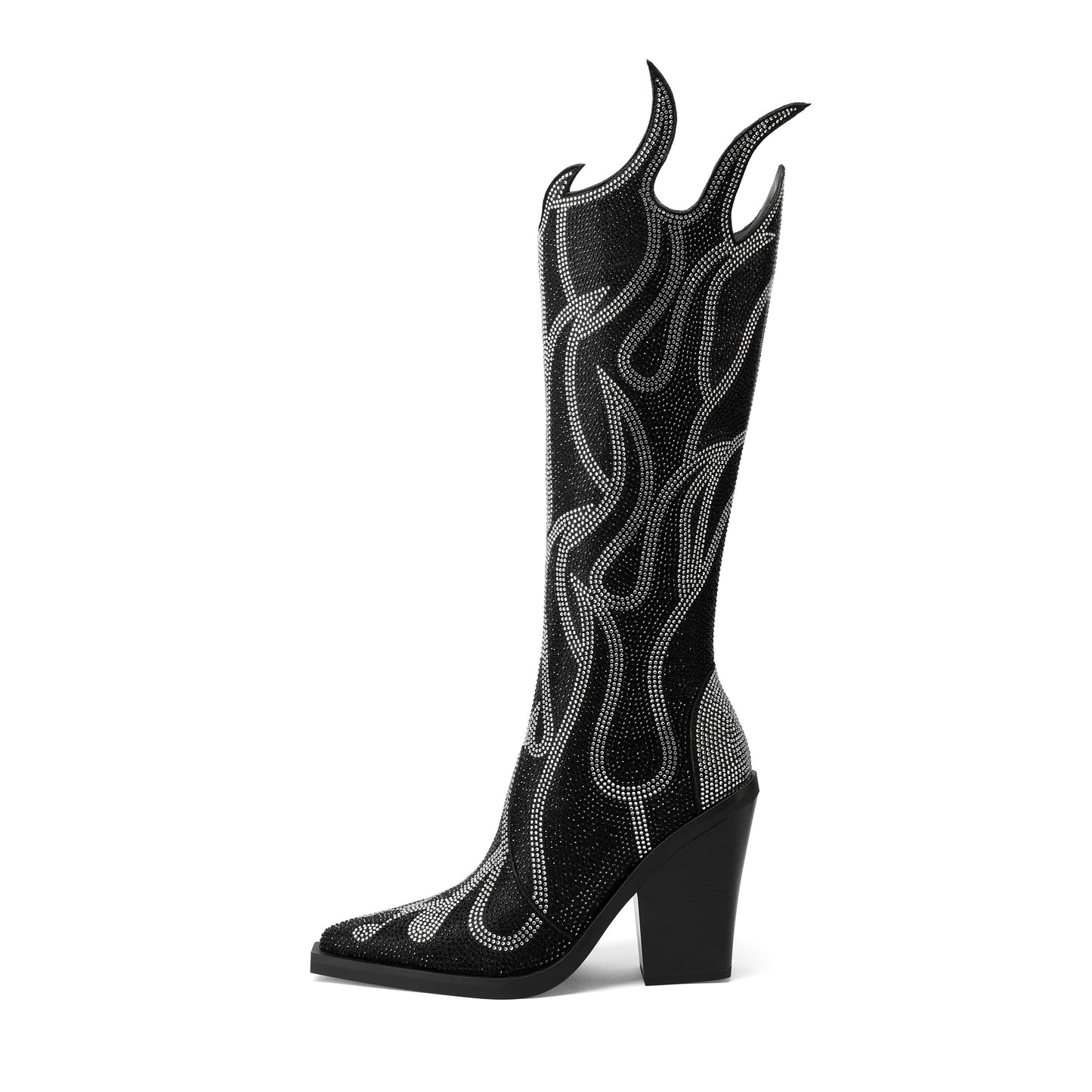 Women's Rhinestone Flame Pattern Boots, Side Zipper Chunky Heel Comfy High Knee Boots, Glitter Point Toe Dance Boots