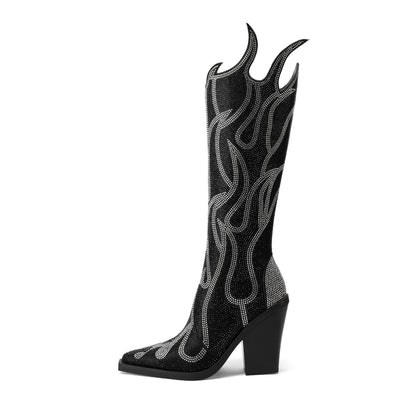 Women's Rhinestone Flame Pattern Boots, Side Zipper Chunky Heel Comfy High Knee Boots, Glitter Point Toe Dance Boots