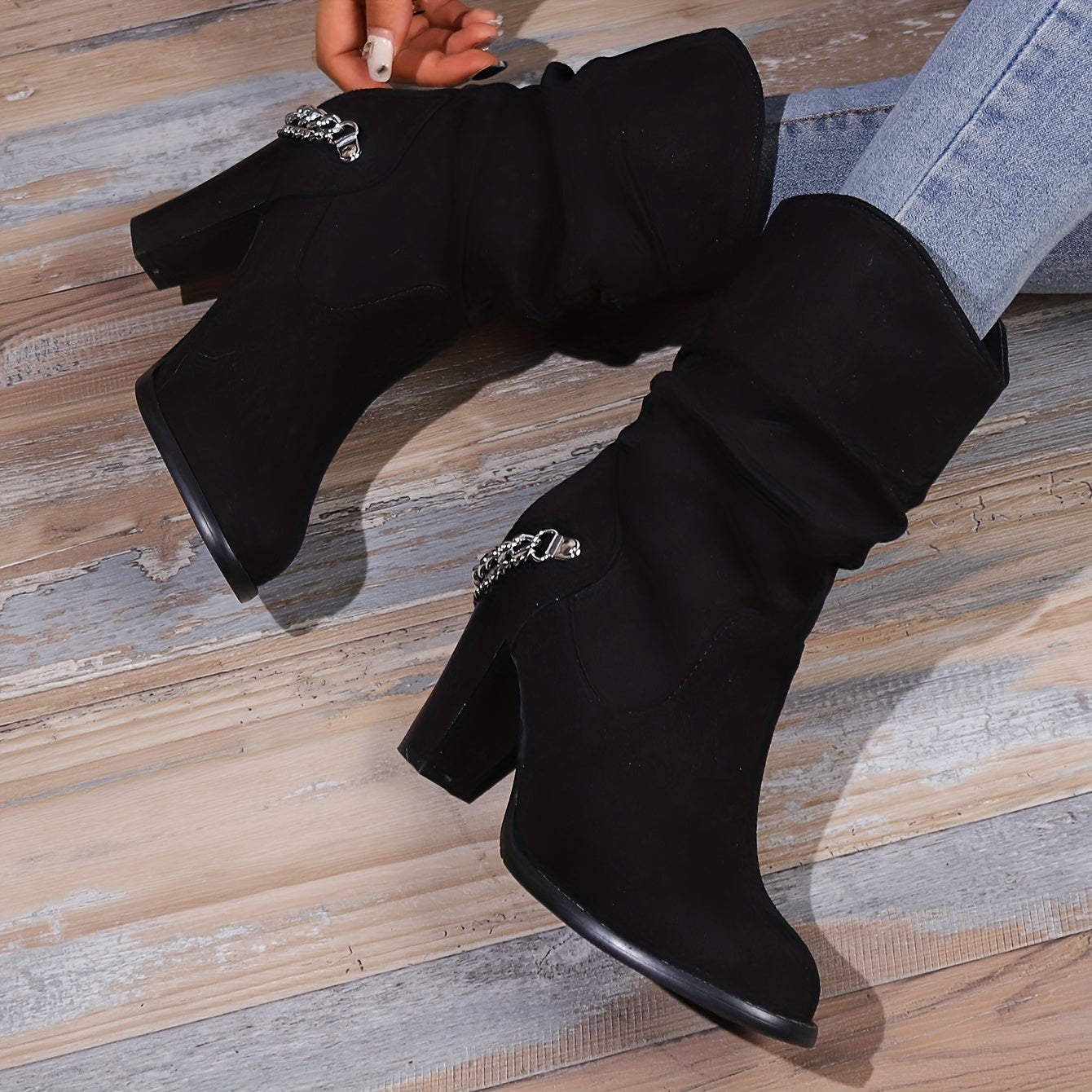 Trendy Womens Slip-On Booties - Luxurious Suedette, Comfortable Block Heel, Chic Slouch Design with Eye-Catching Chain Detail