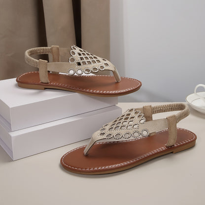 Womens Chic Rhinestone Boho Sandals - Stretchy Ankle Support for Summer Getaways - Toe Post Thong Design, Fashionable & Comfortable