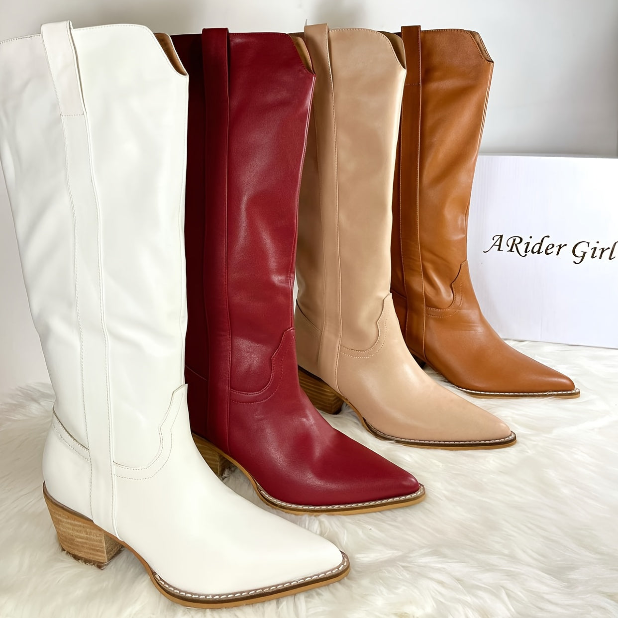 Western Cowgirl Boots - Elevated Knee-High Fashion Boots with Pointed Toe, Chunky Heel, and Solid Color - Womens Cowboy Boots for Country Chic Style
