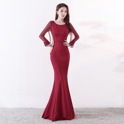 91267 #Bridal Toast New Autumn Long Sleeve Rhinestone Chain Fishtail Long Evening Dress Sexy Trailing Woman