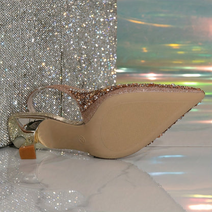 Dazzling Womens Pointed Toe High Heel Sandals - Sparkling Rhinestones & Lustrous Pearls - Adjustable Slingback for Weddings - Chic and Dressy Footwear