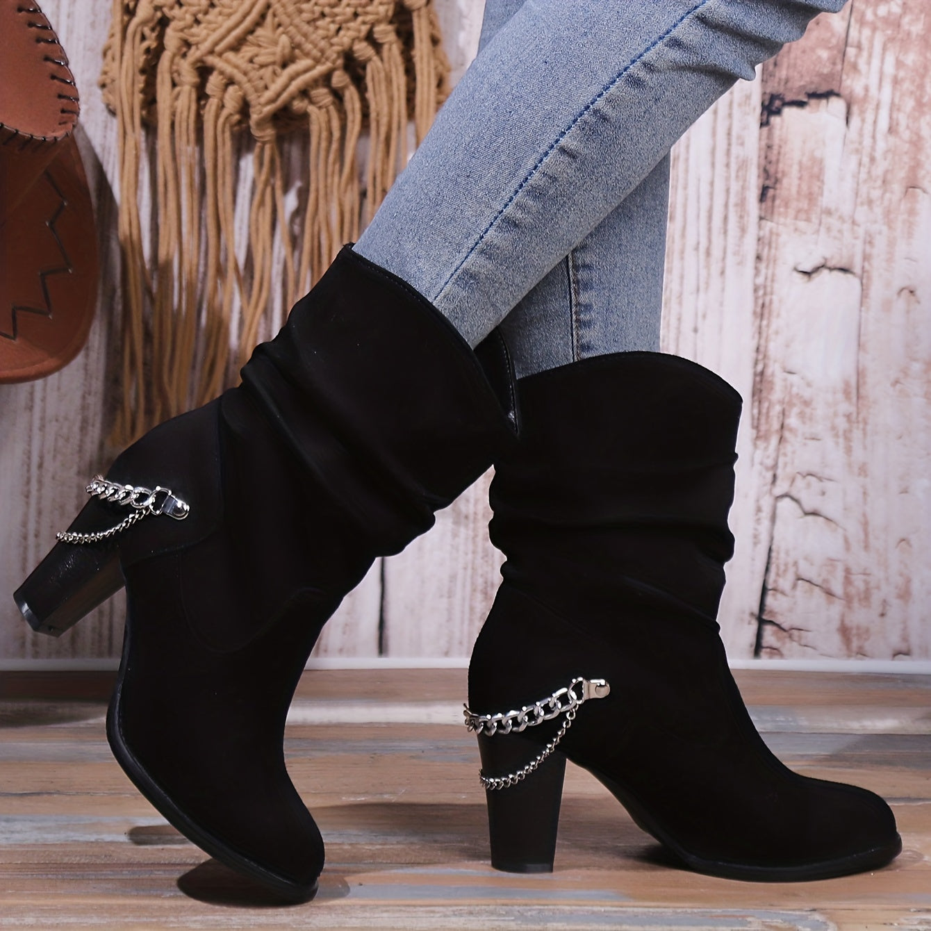 Trendy Womens Slip-On Booties - Luxurious Suedette, Comfortable Block Heel, Chic Slouch Design with Eye-Catching Chain Detail