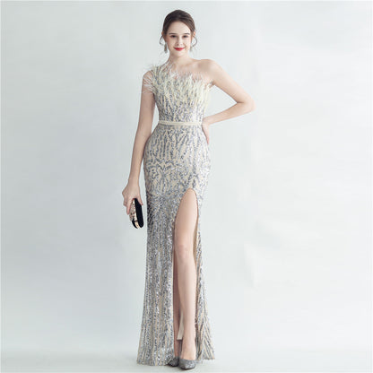 31185 #Cross-border heavy industry ostrich hair craft bundle slant shoulder side split high-end evening dress