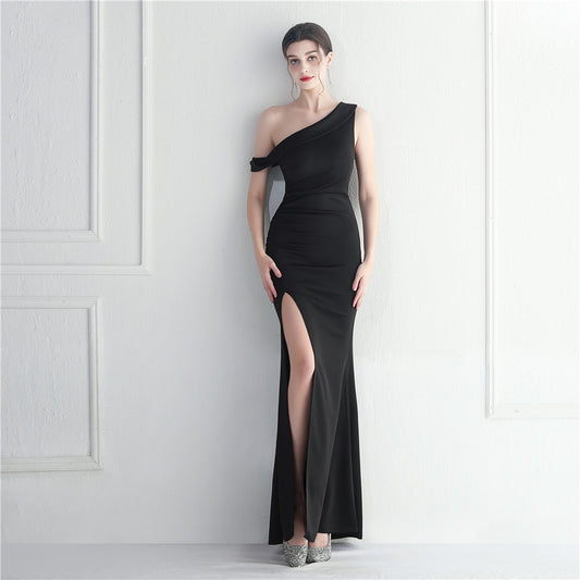 19637 #Hot trade explosion bridesmaid etiquette wedding formal settings single shoulder oblique collar slim long evening dress
