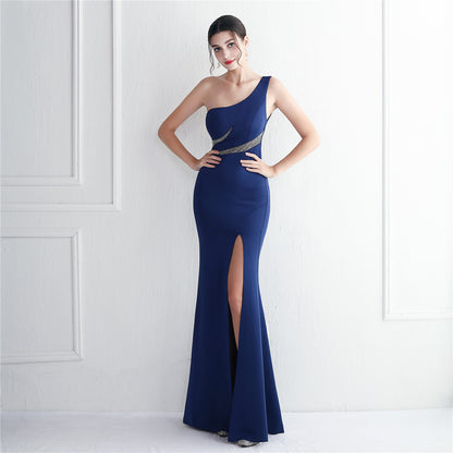 19297 #Long one-shoulder toasting dress with diamonds Thank you banquet Slim fish tail skirt Wedding car model Exhibition dress