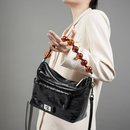 IKEARLAX 2025 New Chinese bead chain crossbody shoulder bag women's popular new retro oil wax leather pleated bag hand bag
