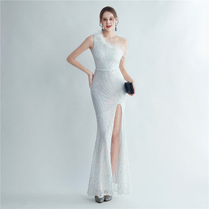 31215 #Popular trade 2025 high-density ostrich hair sequin positioning flower slanted shoulder collar high-end evening dress