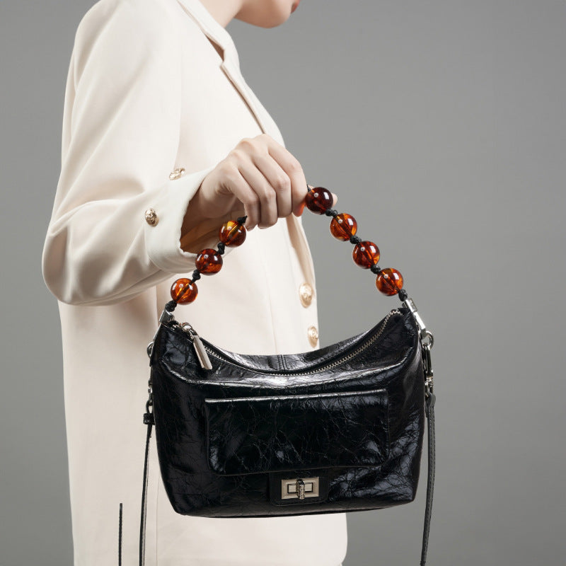IKEARLAX 2025 New Chinese bead chain crossbody shoulder bag women's popular new retro oil wax leather pleated bag hand bag
