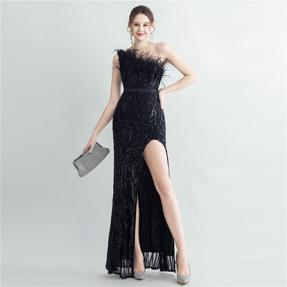 31185 #Cross-border heavy industry ostrich hair craft bundle slant shoulder side split high-end evening dress