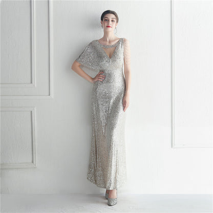 19932 #Hot trade craft bead lotus leaf sleeve mesh perspective bridesmaid etiquette celebration dinner long evening dress