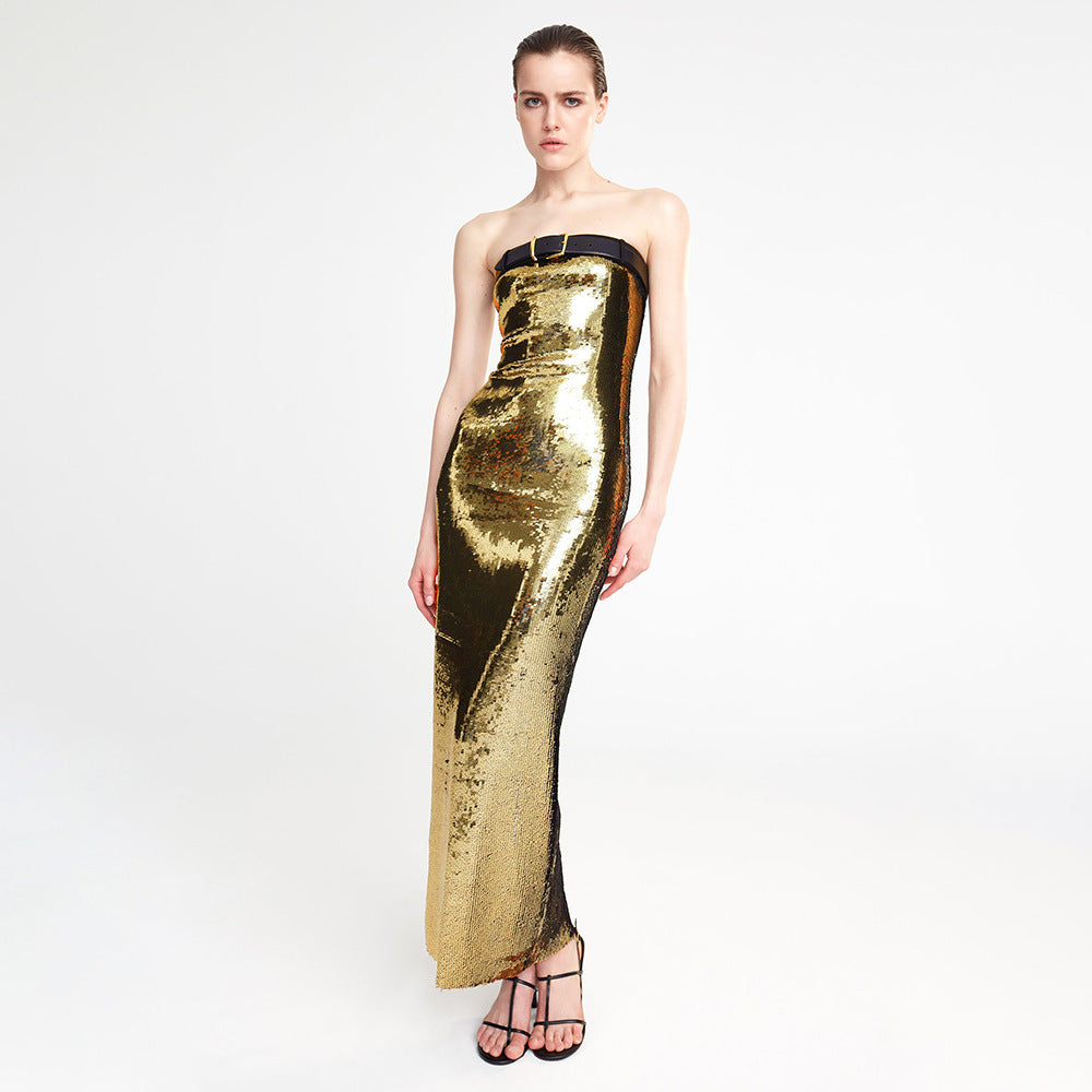 IKEARLAX 2023 summer new 2025 women's clothing gold sequined belt tube top skirt high-end dress  long dress
