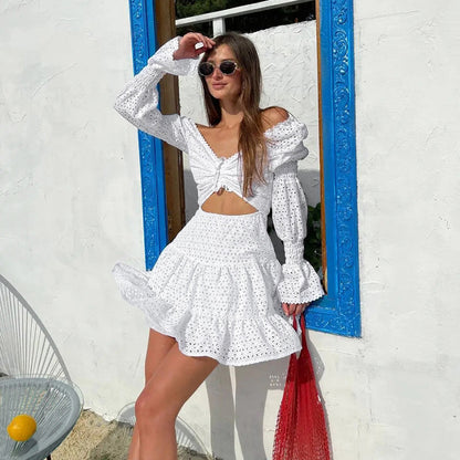 2025 New ethnic style bohemian dress pure cotton fabric white bubble sleeve square neck embroidered Popular trade skirt summer