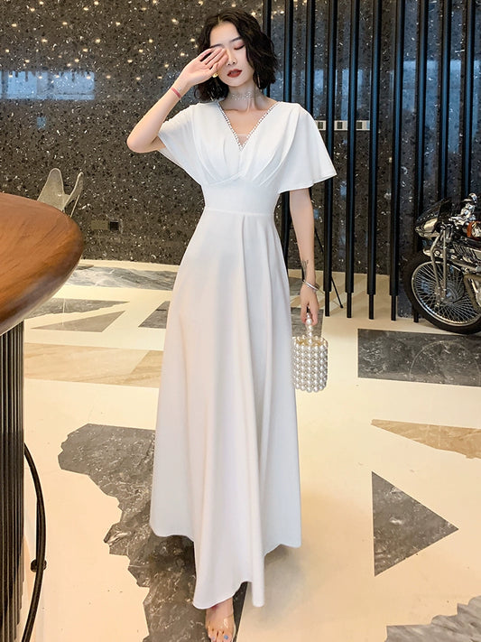 White evening dress dress women  new banquet temperament long V-neck satin sexy can usually wear host
