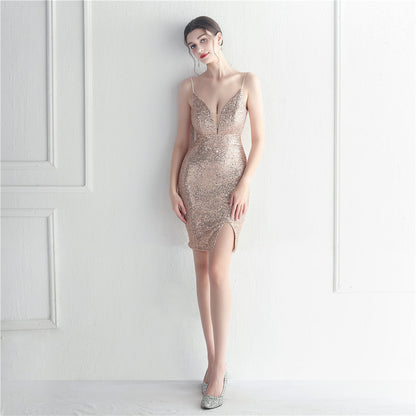 19889 #Hot Trade Sequin Dress Car Model Bridesmaid Celebration Sexy Suspender Hip Wrap Short Dress