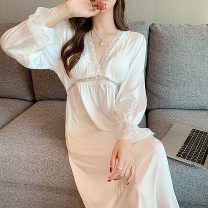 2025 Sexy nightdress women's spring and autumn ice silk new wedding lace pajamas skirt silk long-sleeved knee-length loungewear can be worn outside
