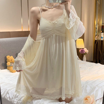 2025 Pure desire wind lace mesh nightdress women's summer thin loungewear sexy belt chest pad medium and long nightgown two-piece set