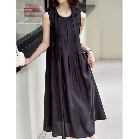 2025 popular summer new retro sleeveless dress women's Korean round neck solid color loose and comfortable skirt 4188