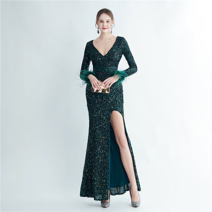 31207 #Hot trade boutique ostrich hair cuff design side split fork long sleeve sequined fishtail evening dress