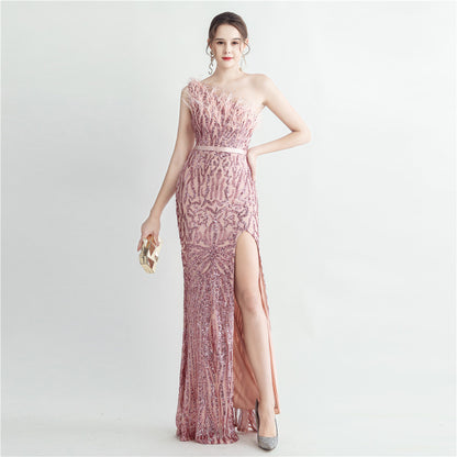 31185 #Cross-border heavy industry ostrich hair craft bundle slant shoulder side split high-end evening dress