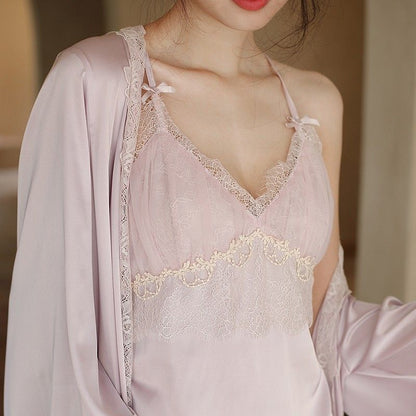 2025 Summer new suspender two-piece set fairy nightdress lace close-fitting pure desire sexy and thin satin suit homewear women