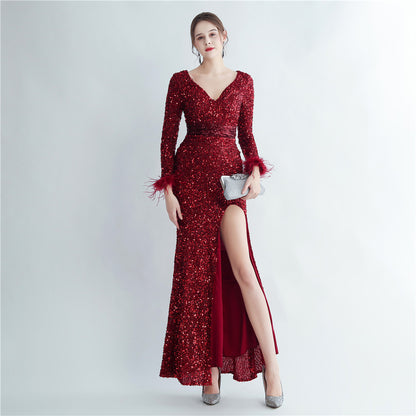 31207 #Hot trade boutique ostrich hair cuff design side split fork long sleeve sequined fishtail evening dress