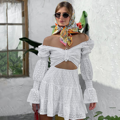 2025 New ethnic style bohemian dress pure cotton fabric white bubble sleeve square neck embroidered Popular trade skirt summer