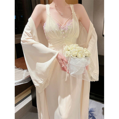 2025 Long dress with chest pad, suspender, nightgown, loungewear, pure desire style nightdress for women's spring new silky pajamas, two-piece set for women