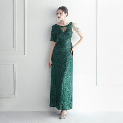 19932 #Hot trade craft bead lotus leaf sleeve mesh perspective bridesmaid etiquette celebration dinner long evening dress