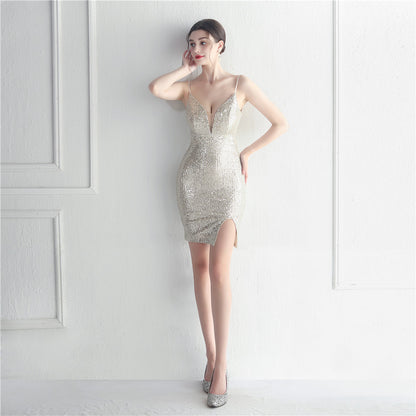 19889 #Hot Trade Sequin Dress Car Model Bridesmaid Celebration Sexy Suspender Hip Wrap Short Dress