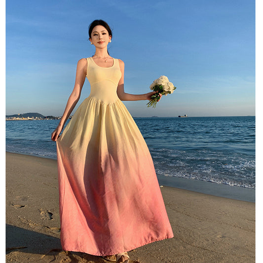 2025 Suitable for photography seaside vacation dress gradual change smudge sunset dress long dress dating atmosphere suspender long dress