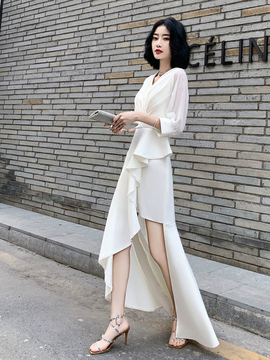 evening dress women's high-end sense usually wear  new white host high-end banquet temperament dress