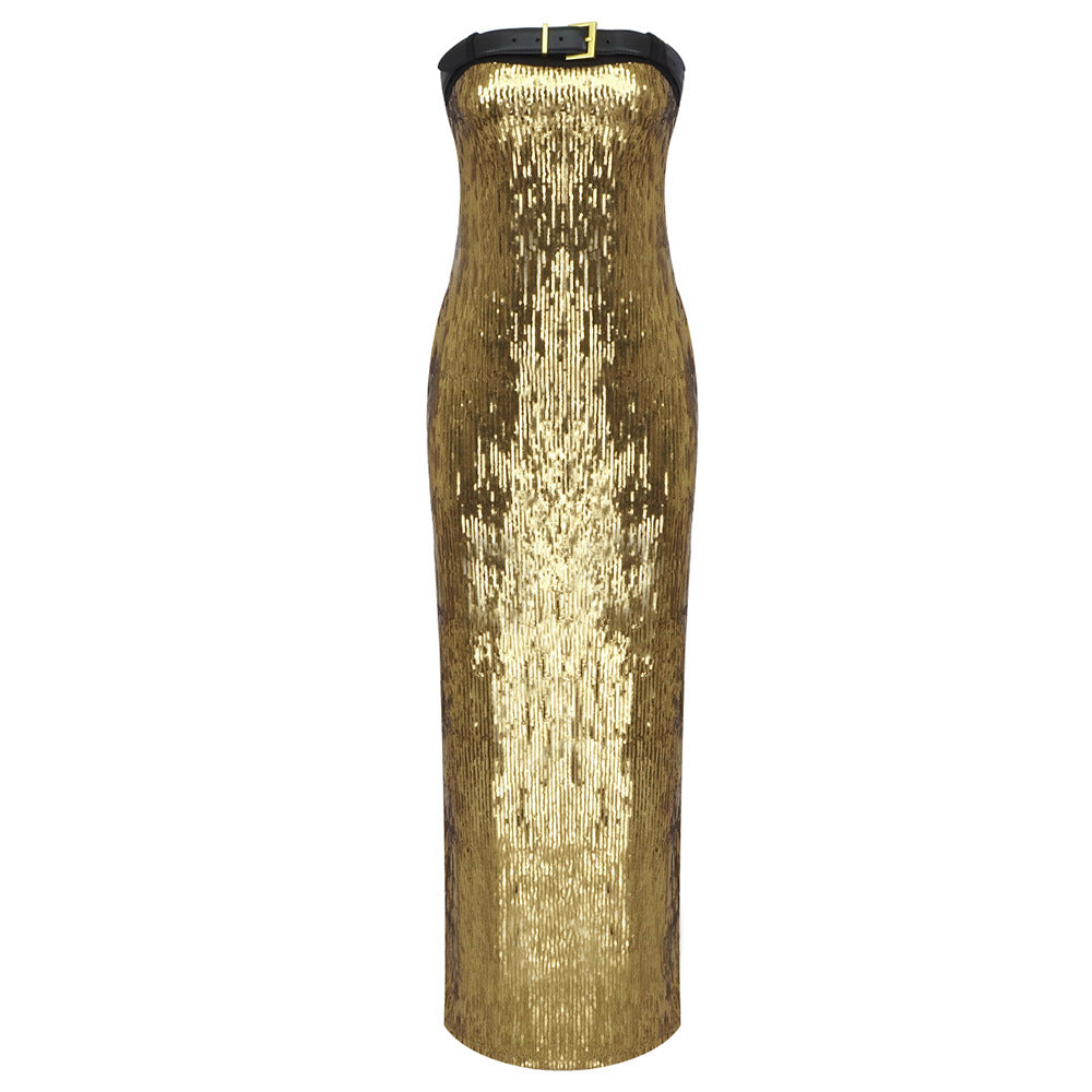 IKEARLAX 2023 summer new 2025 women's clothing gold sequined belt tube top skirt high-end dress  long dress