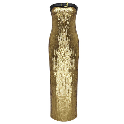 IKEARLAX 2023 summer new 2025 women's clothing gold sequined belt tube top skirt high-end dress  long dress