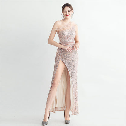 31209 #2025 hand-nailed ostrich hair slanted shoulder Roman collar high-end sequined evening dress