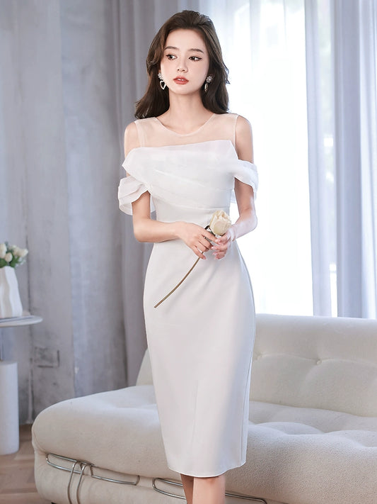White evening dress women's 2005 new high-end light luxury niche high-end engagement host dress looks thin
