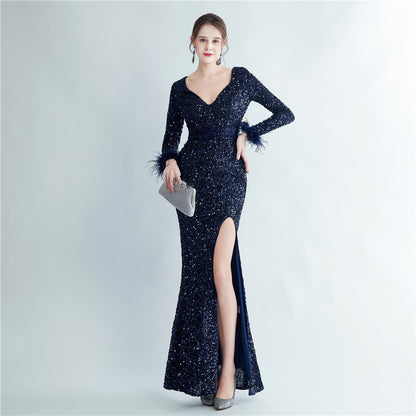 31207 #Hot trade boutique ostrich hair cuff design side split fork long sleeve sequined fishtail evening dress