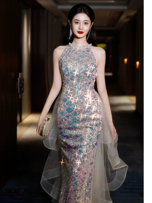 High-end evening dress women's high-end sense fishtail banquet temperament host  new light luxury niche engagement dress