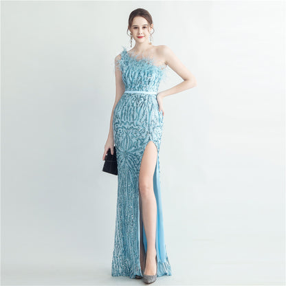 31185 #Cross-border heavy industry ostrich hair craft bundle slant shoulder side split high-end evening dress
