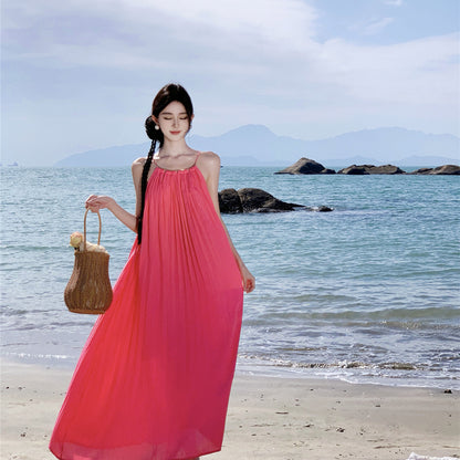 2025 Sanya vacation rose red neck dress female dopamine beach dress beautiful super fairy swing dress
