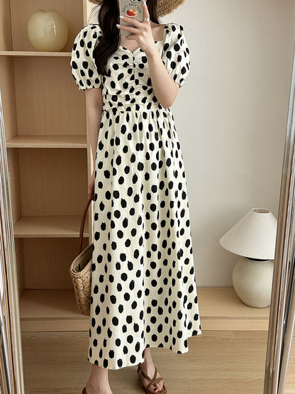 2025  summer temperament bubble sleeves one-word shoulder polka dot dress retro Korean large skirt 23020