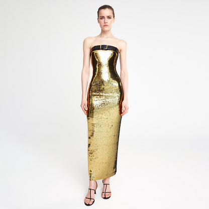 IKEARLAX 2023 summer new 2025 women's clothing gold sequined belt tube top skirt high-end dress  long dress