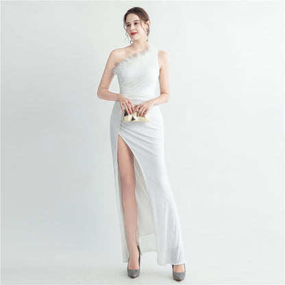 31209 #2025 hand-nailed ostrich hair slanted shoulder Roman collar high-end sequined evening dress