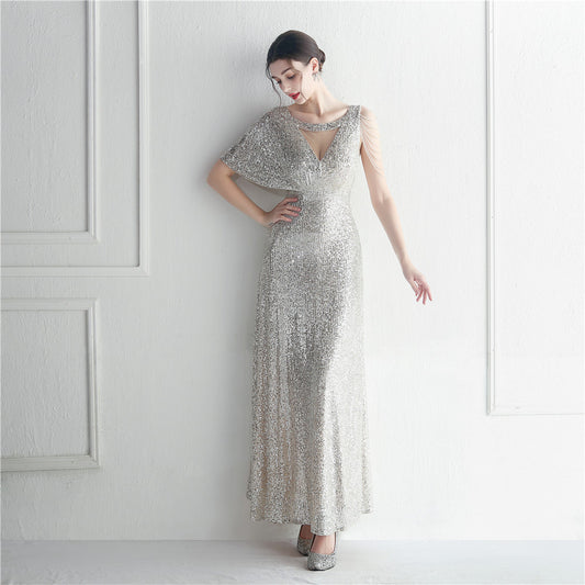 19932 #Hot trade craft bead lotus leaf sleeve mesh perspective bridesmaid etiquette celebration dinner long evening dress
