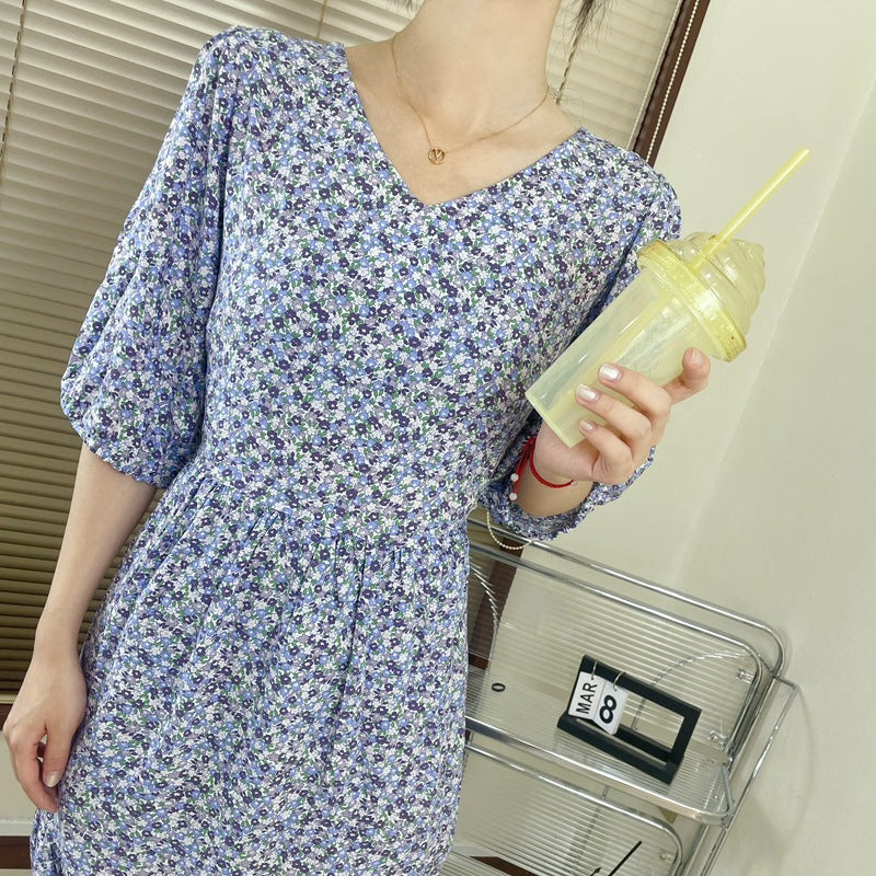 IKEARLAX  Noil Poplin Dress Women's Summer Waist-Slimming Thin Sweet Floral V-neck Swing Artificial Cotton Vacation Beach Long Skirt