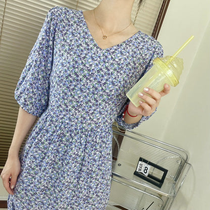 IKEARLAX  Noil Poplin Dress Women's Summer Waist-Slimming Thin Sweet Floral V-neck Swing Artificial Cotton Vacation Beach Long Skirt